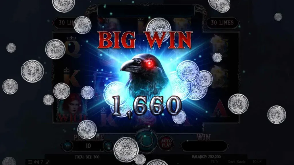 Dark Wolf Slot machine big win with glowing raven and falling coins